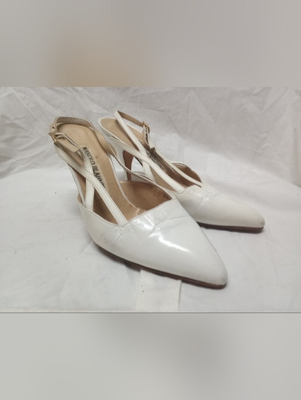 Manolo Blahnik Sz 6 White Leather Pointed Vtg Women's Strap Heels